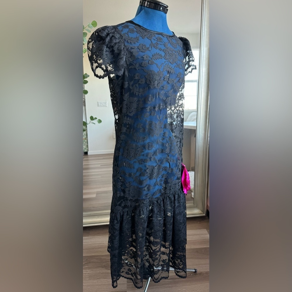 Vintage 80s Neiman Marcus Big Pink Bow Black Lace Maxi Dress - Picture 8 of 11